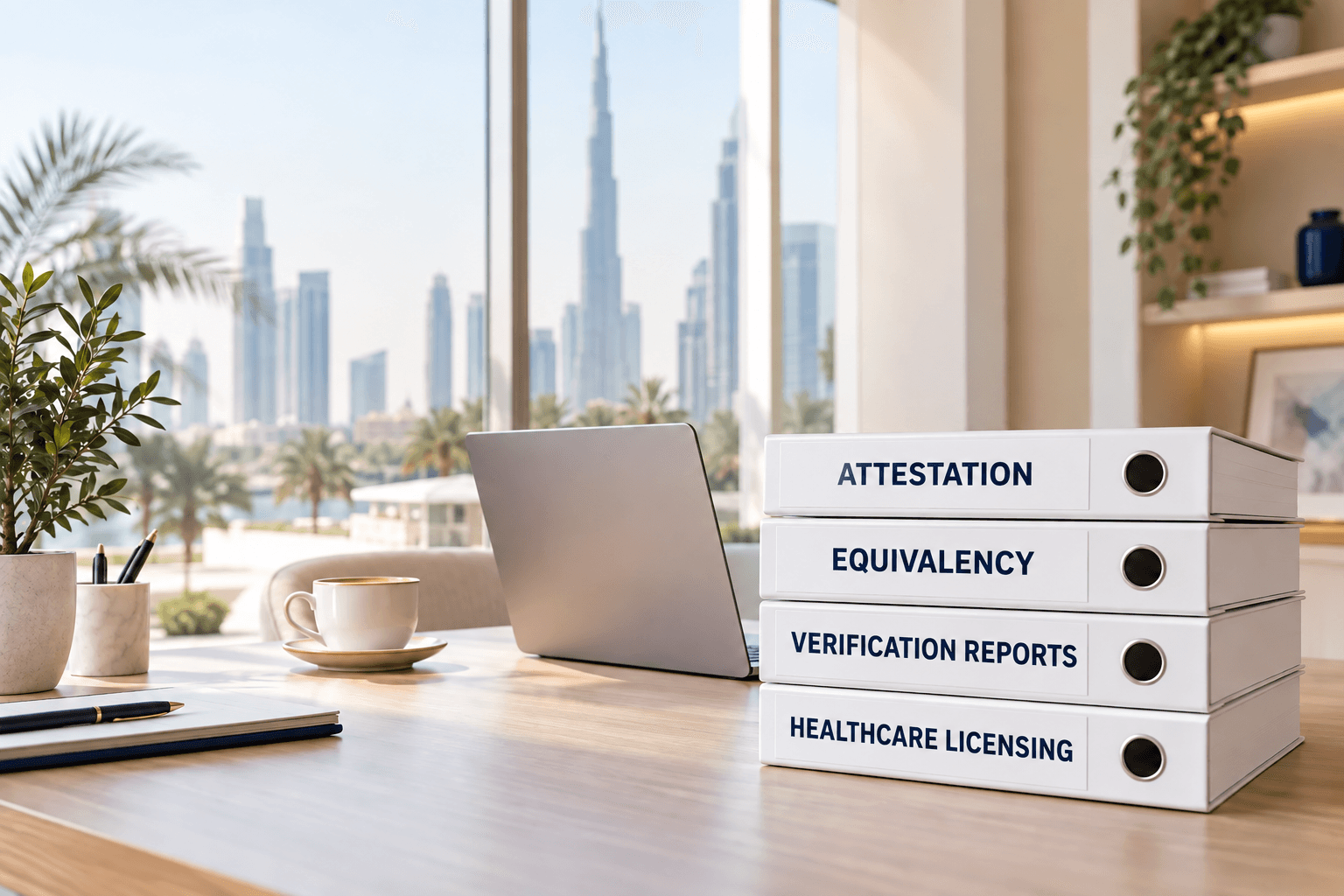 Four labeled binders: Attestation, Equivalency, Verification Reports and Healthcare Licensing